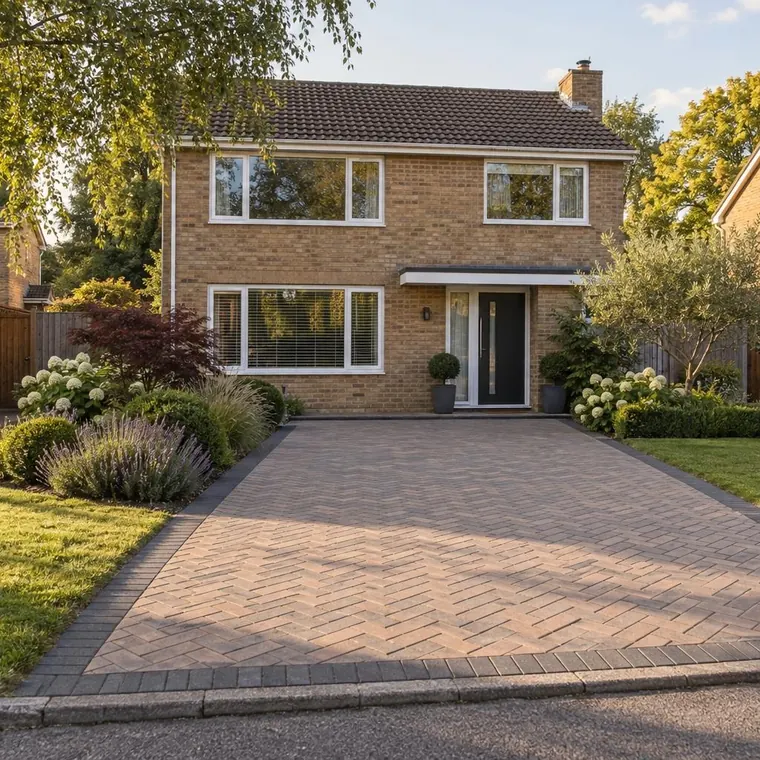 Block paving driveway – 1970s–80s Milton Keynes estate house Block paving driveway on a 1970s–80s Milton Keynes estate house