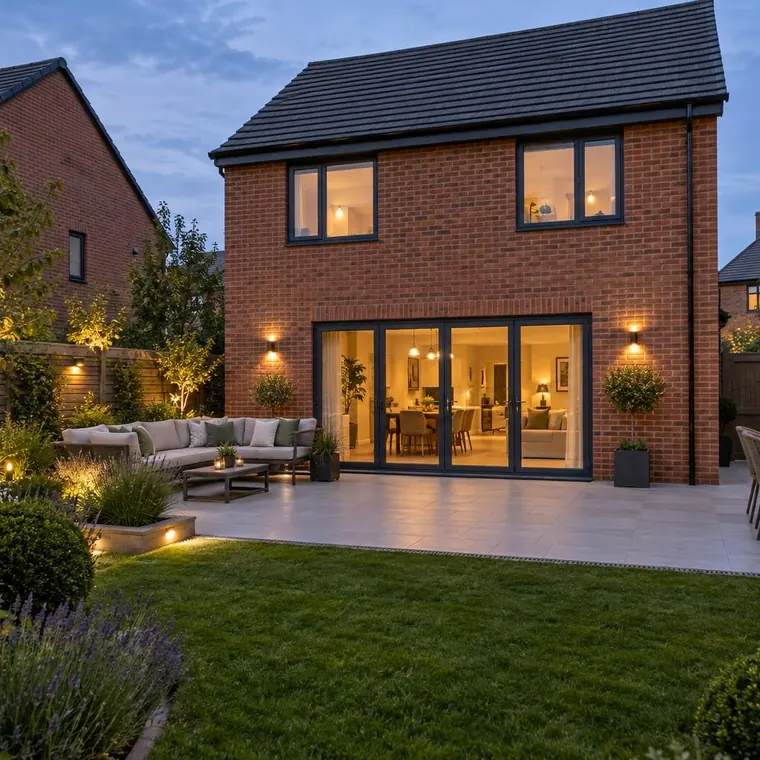 Porcelain patio – new-build red-brick home Porcelain patio on a new-build red-brick home
