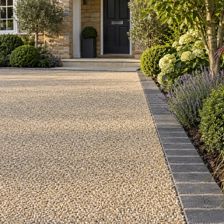 Close view of resin bound surface meeting charcoal block edging Close view of resin bound surface meeting charcoal block edging