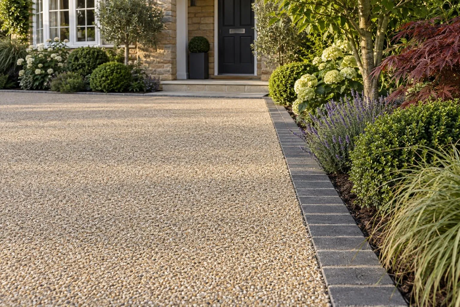 Close view of resin bound surface meeting charcoal block edging Close view of resin bound surface meeting charcoal block edging